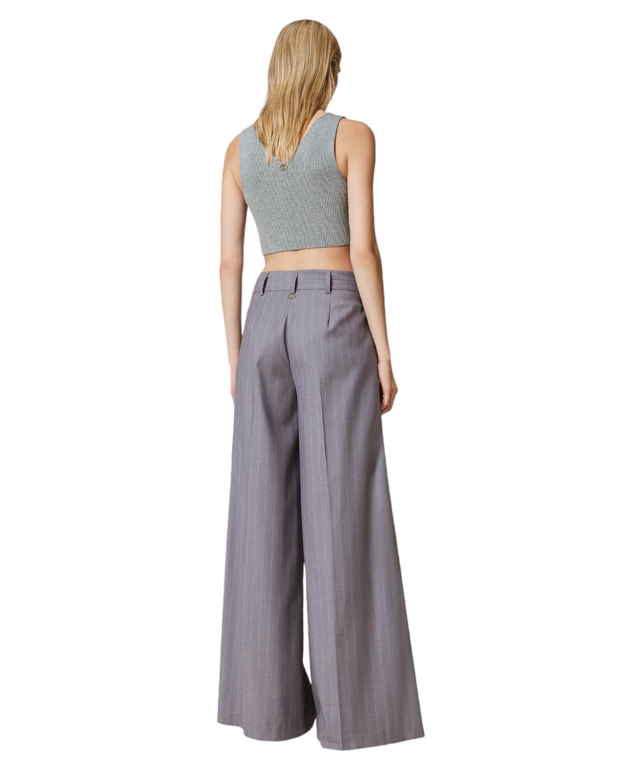 Pantaloni Wide Leg Gessati con Risvolto-Pantaloni-Twinset-Vittorio Citro Boutique