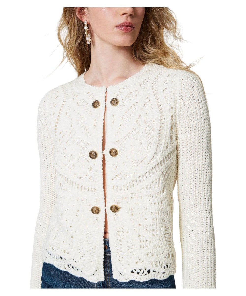 Giacca in Maglia Misto Lana Crochet con Chiusura Combaciata-Twinset-Maglieria-Vittorio Citro Boutique