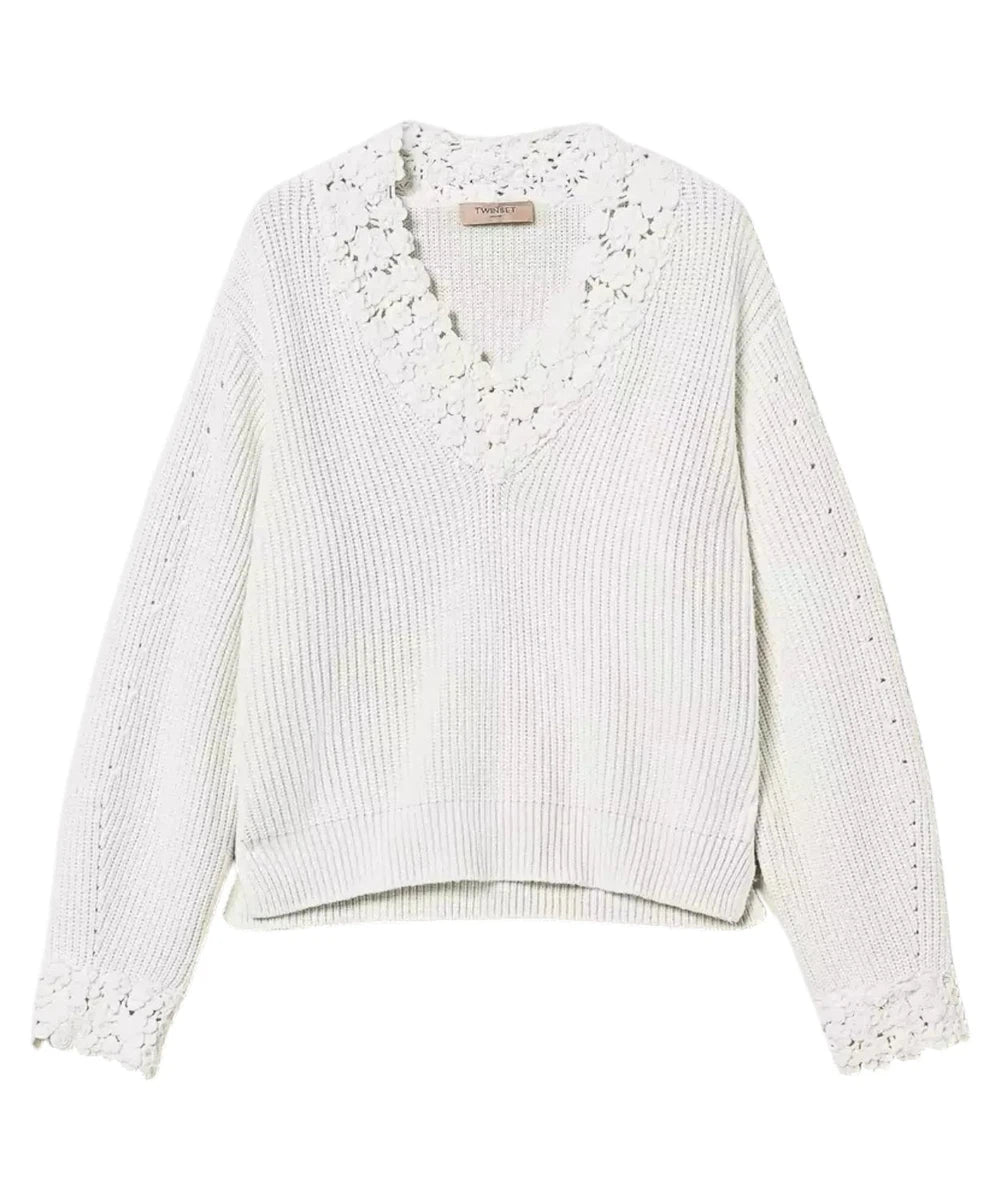 Maglia in Misto Lana con Ricamo Floreale a Crochet-Twinset-Maglieria-Vittorio Citro Boutique