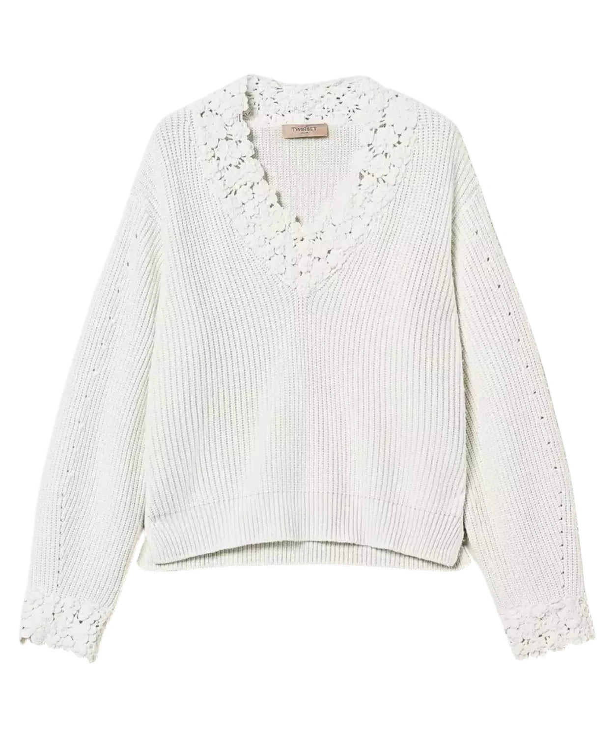 Maglia in Misto Lana con Ricamo Floreale a Crochet-Twinset-Maglieria-Vittorio Citro Boutique