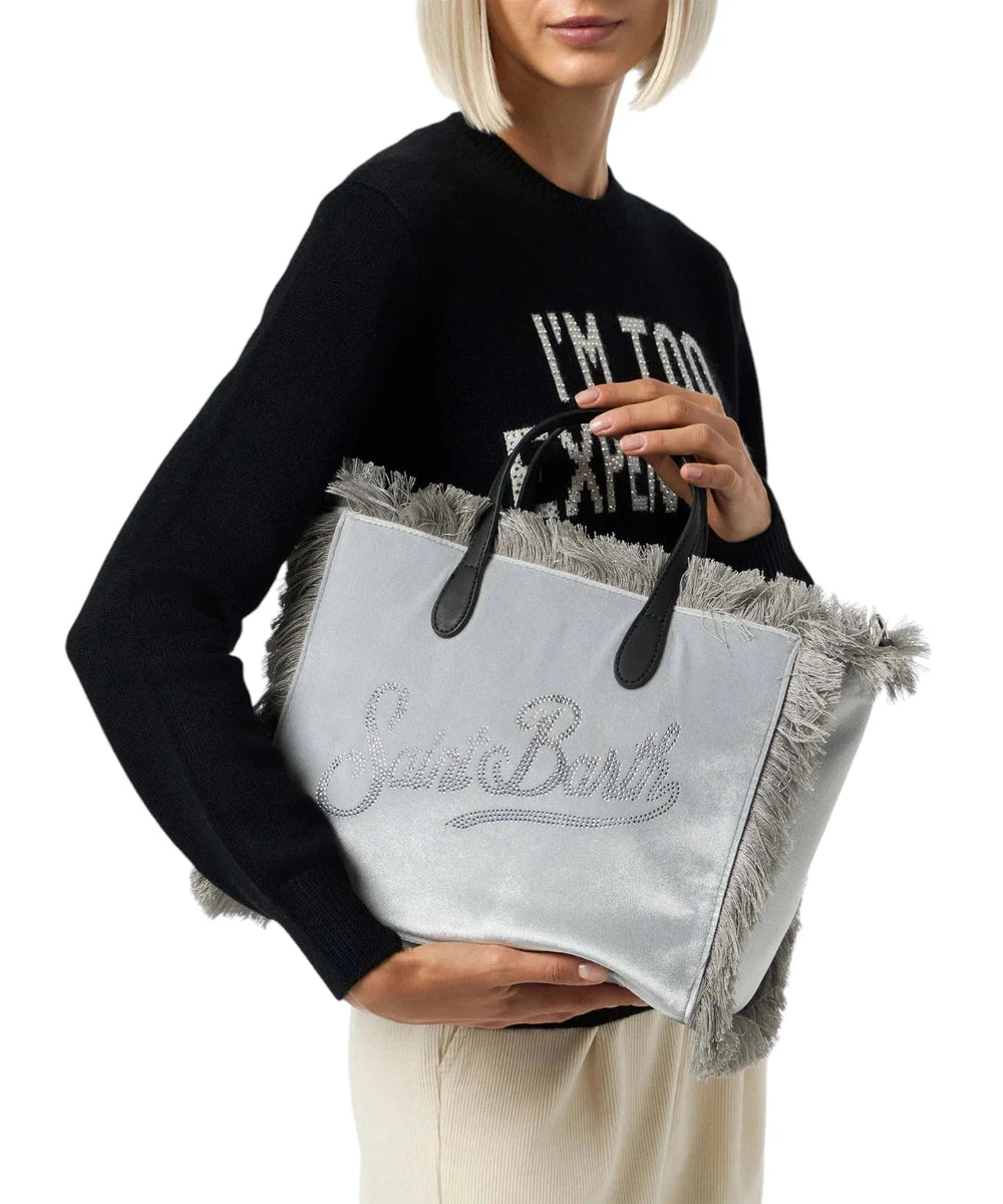 Borsa a Mano Colette in Velluto Grigio con Logo in Strass-Mc2 Saint Barth-Borse a mano-Vittorio Citro Boutique