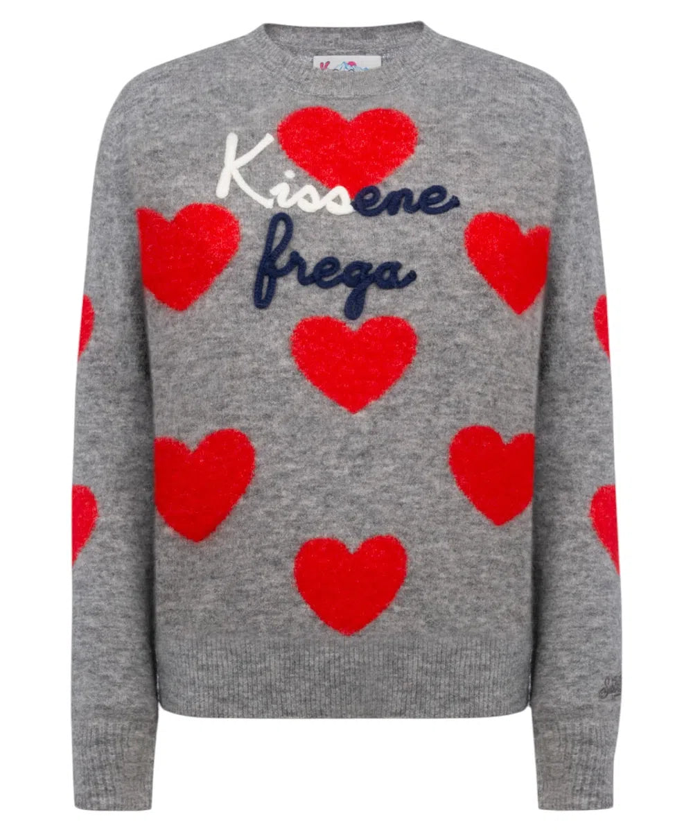 Maglione Grigio New Queen con Ricamo "Kissene Frega" e Motivo Cuore-Mc2 Saint Barth-Maglieria-Vittorio Citro Boutique