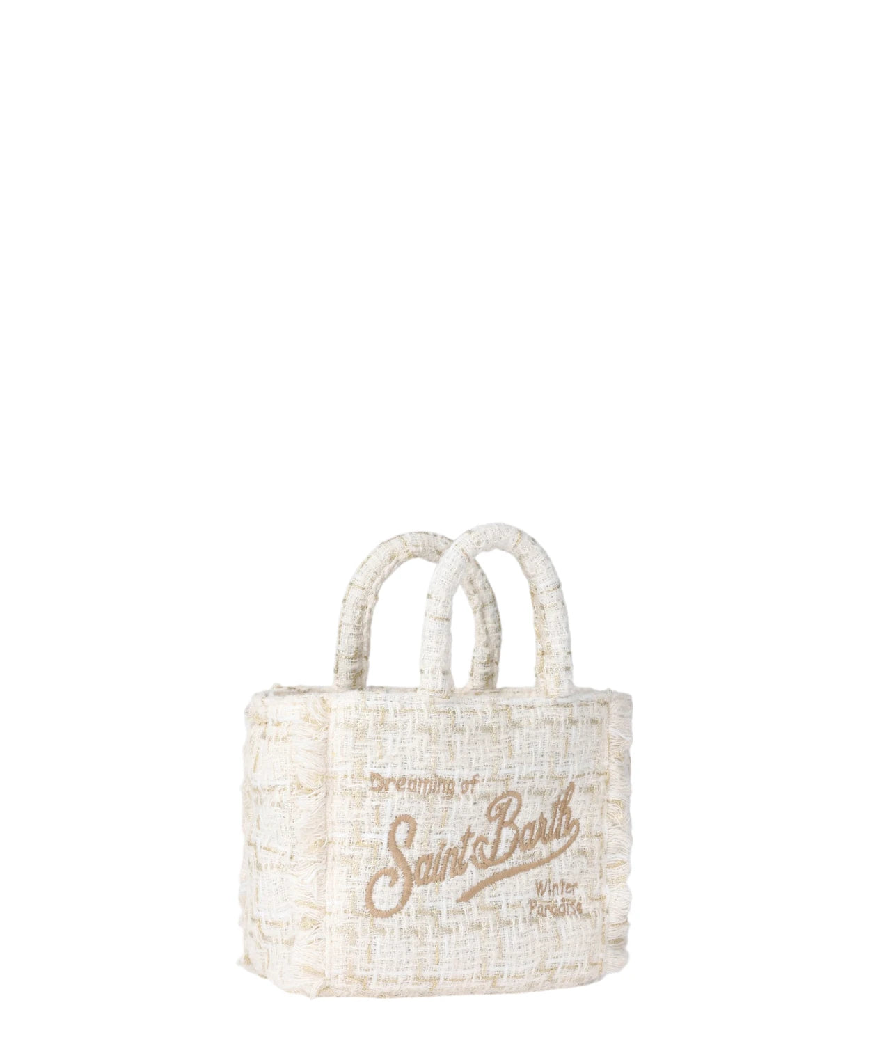 Borsa a Mano Mini Vanity in Lana con Motivo Tweed Bianco e Frange-Mc2 Saint Barth-Borse a mano-Vittorio Citro Boutique